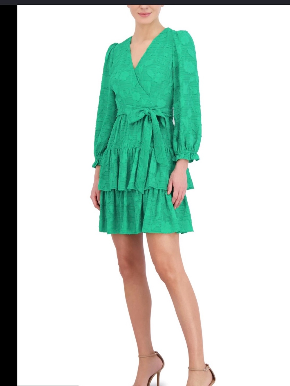 Textured Green Wrap Tiered Mini Dress with Self Tie